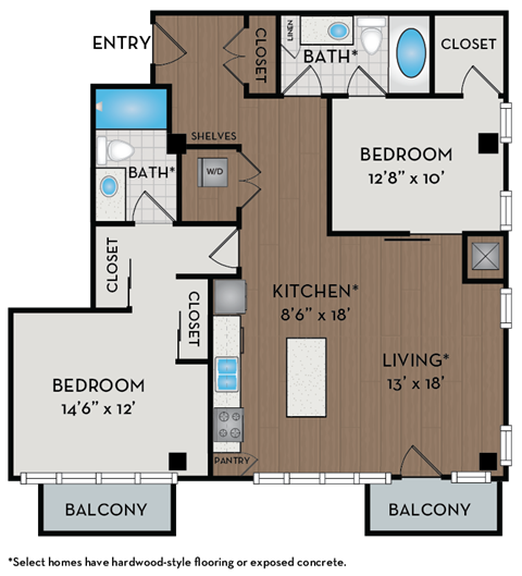 Floor plan for 2 beds, 2 baths, 1161 sqft